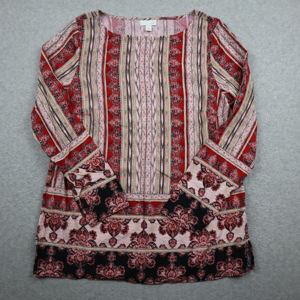 J. Jill Blouse Women M Red Paisley Striped Tunic Long Sleeve Rayon Boho Top
